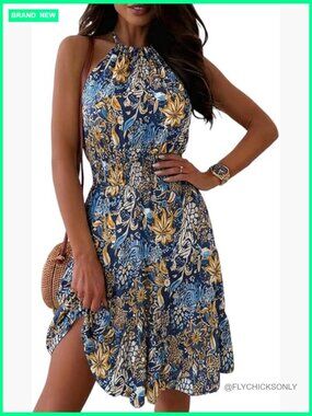 Sleeveless Halter Neck Floral Print Short Dress Casual Summer Sun Dress